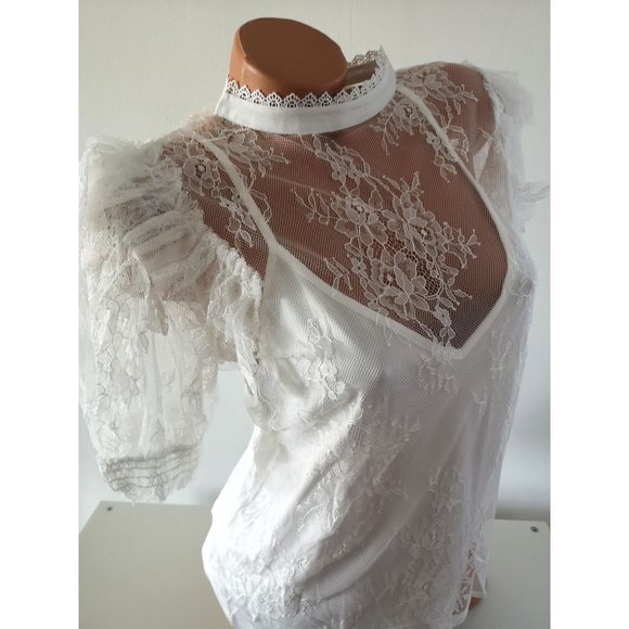 new 2-pc Ruffle Lace Blouse Top white L - Picture 3 of 10